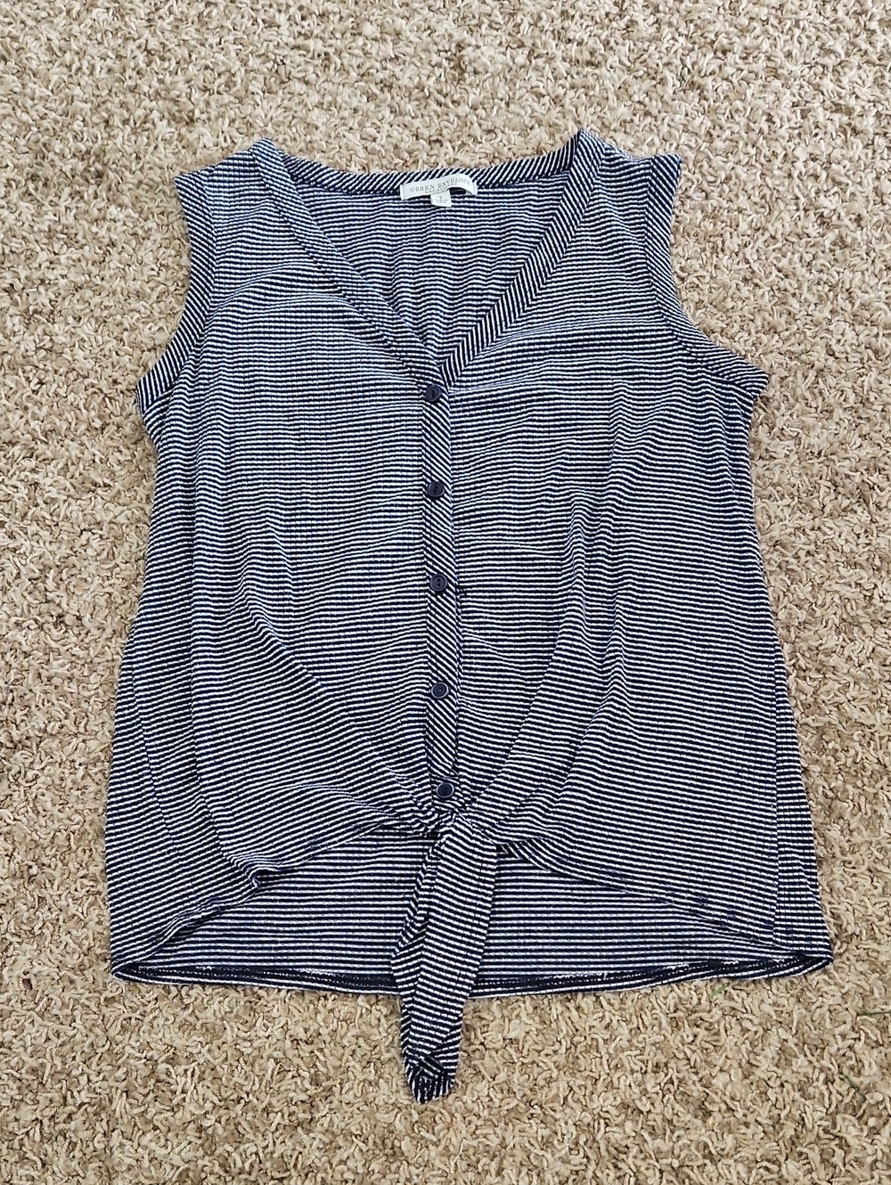 Green Envelope Navy and White Striped Tie-Front Sleeveless Top